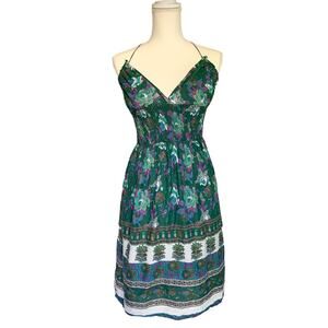 Charlotte Russe green Purple Blue White Boho Floral Halter Sun dress Size Small